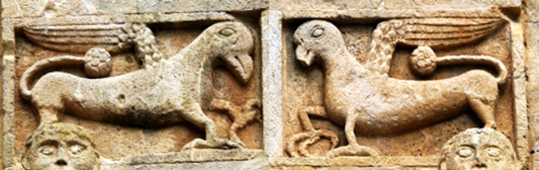 Il grifone tramite tra il mondo terreno e quello celeste sulla soglia della Abbazia di Santa Fede a Cavagnolo (TO)