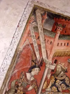 Affresco cartiglio SOLUM PETO CAPUT IOH(ANN)IS BATISTE - Chiesa di San Giovanni Battista o Madonna del Carmine a Piasco