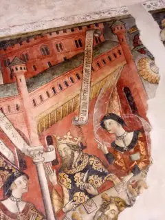 Affresco cartiglio FILIA MEA DULCISSIMA PETE CAPUT IOH(ANN)IS BATISTE - Chiesa di San Giovanni Battista o Madonna del Carmine a Piasco