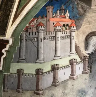 Particolare: il Re e la Regina assistono alla scena di San Giorgio uccide il drago - Cappella del Priorato di Sant'Orso a Aosta