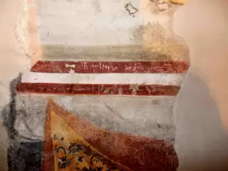 Fondo navata, lacerto a destra della traccia, particolare., MCCCCLXXXVI(I) die XVIII oto(bris) - Chiesa della Madonna della Stella a Pianezza