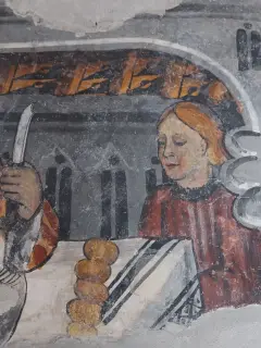 Miracolo del pollo dettaglio - Cappella di San Giacomo a Busca