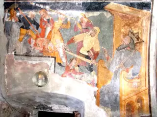 Affreschicella alla  base del campanile, parete sud lato ovest, strage Innocenti - Parrocchiale di Sant'Andrea a Brossasco