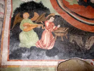 Fondo lato destro - cella base campanile, angeli musicanti, particolare - Parrocchiale di Santo Stefano a Villafranca Piemonte