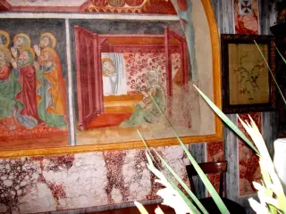 Cappella antica, parete sinistra, storie della Vergine, particolare - Cappella della Madonna del Castello a Caraglio